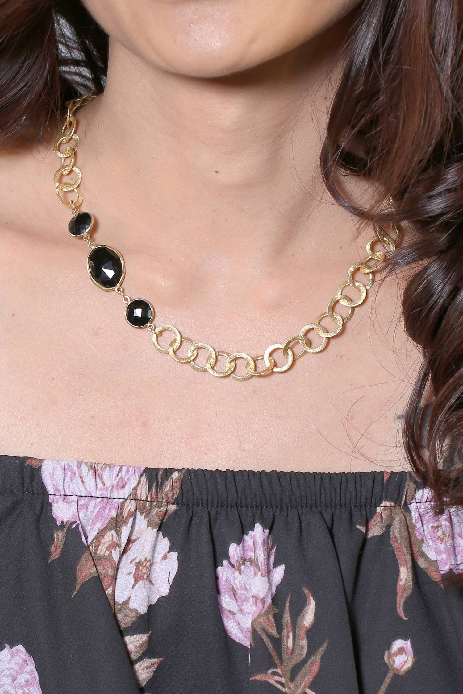 Black onyx Choker Necklace, Gold Brushed Necklace